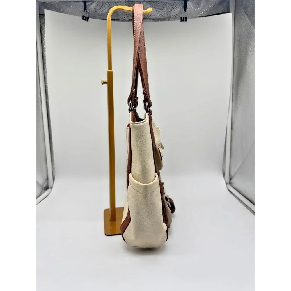 MultiSac Women Shoulder Bag Beige Brown Faux Leather Large Tote Zip Pockets